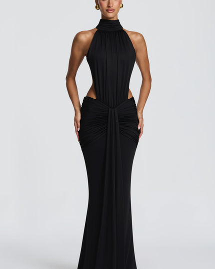 Women's Halter Backless Ruched Sleeveless Maxi Dress