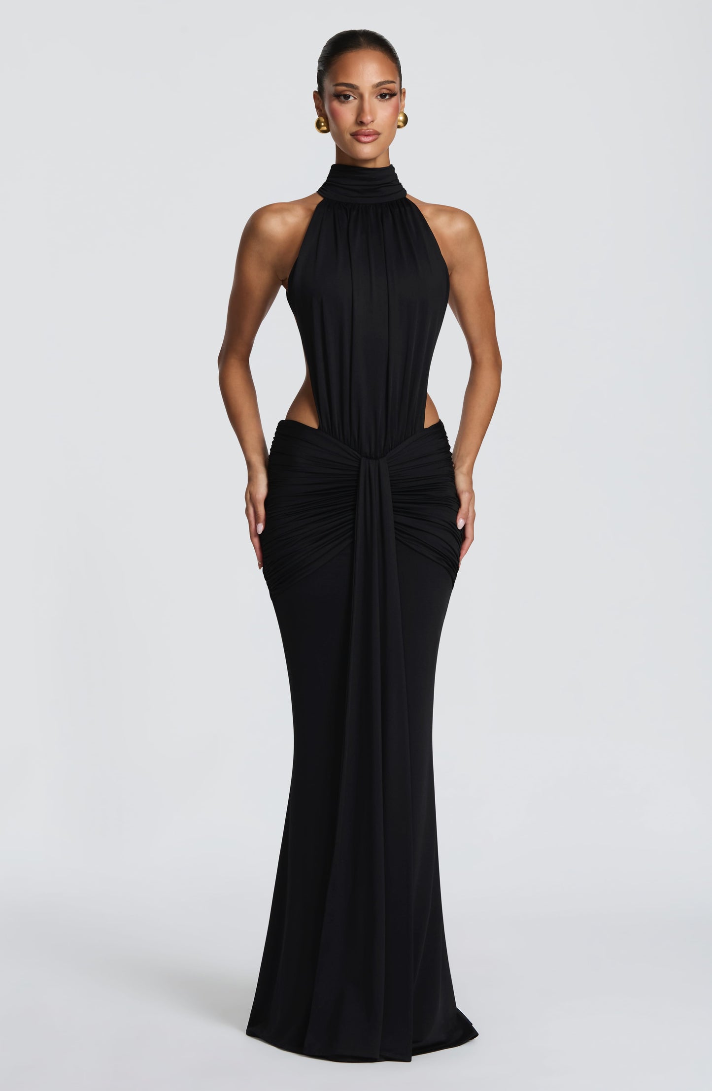 Women's Halter Backless Ruched Sleeveless Maxi Dress
