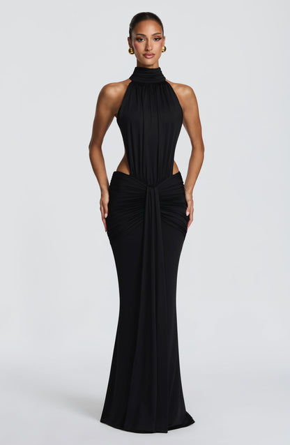 Women's Halter Backless Ruched Sleeveless Maxi Dress