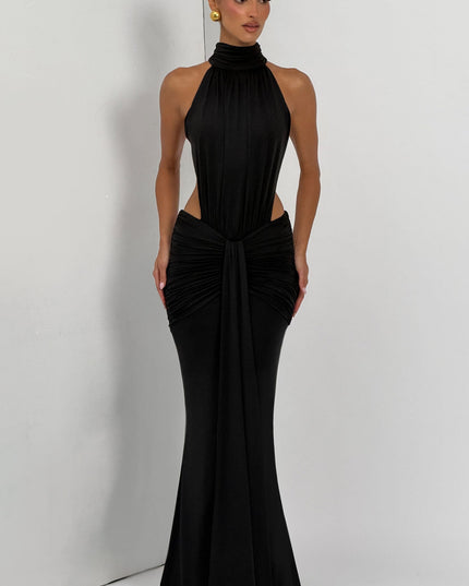 Women's Halter Backless Ruched Sleeveless Maxi Dress