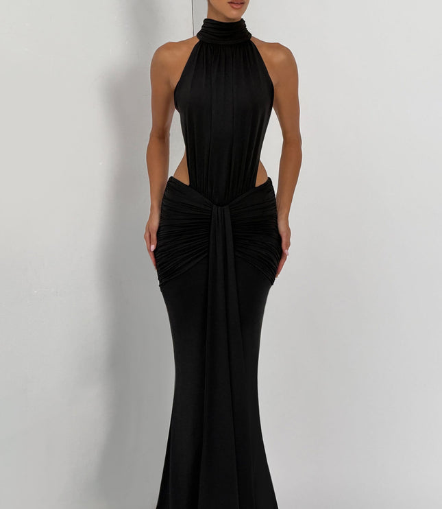 Women's Halter Backless Ruched Sleeveless Maxi Dress