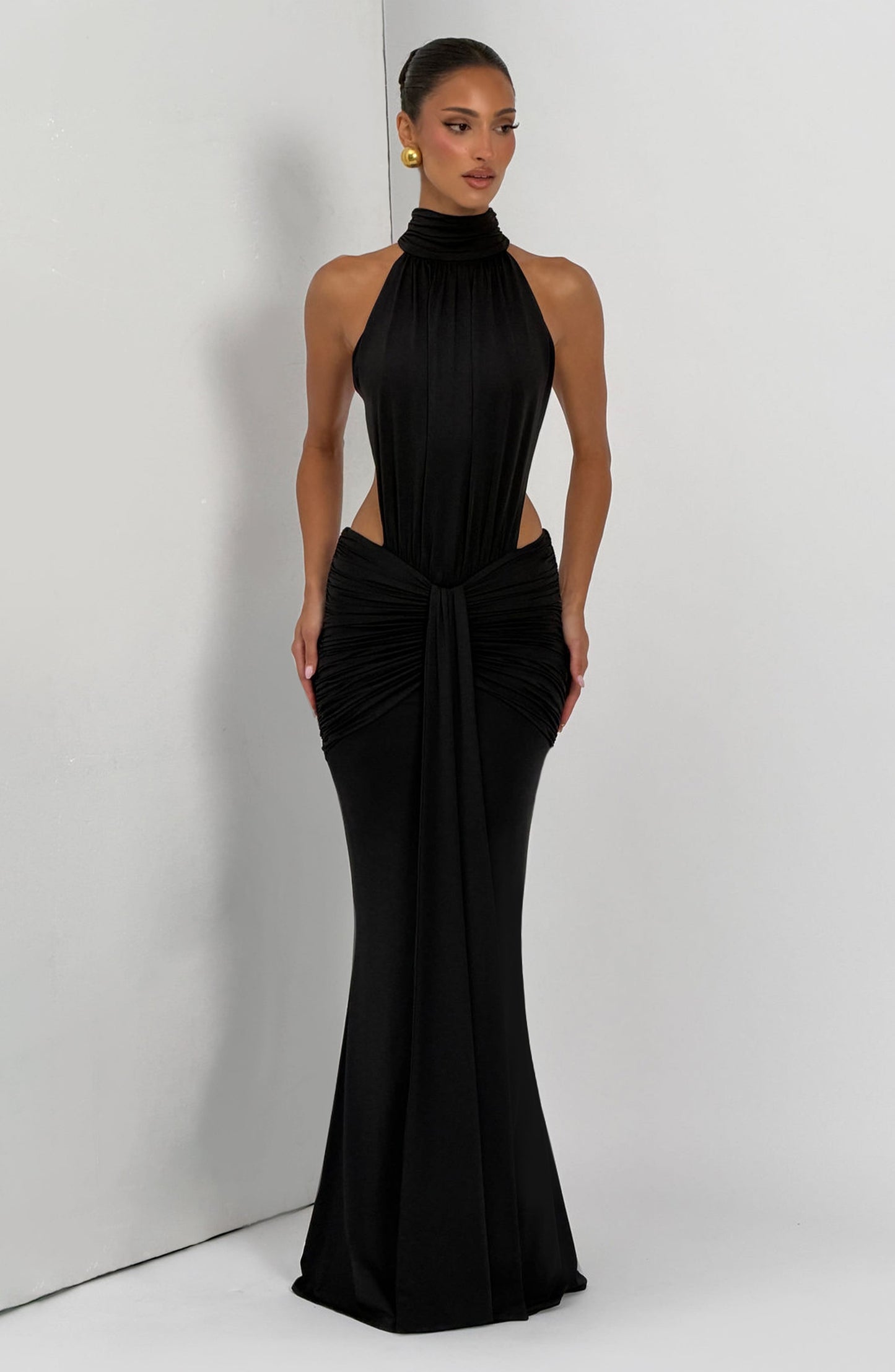 Women's Halter Backless Ruched Sleeveless Maxi Dress