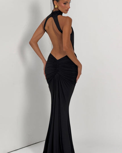 Women's Halter Backless Ruched Sleeveless Maxi Dress