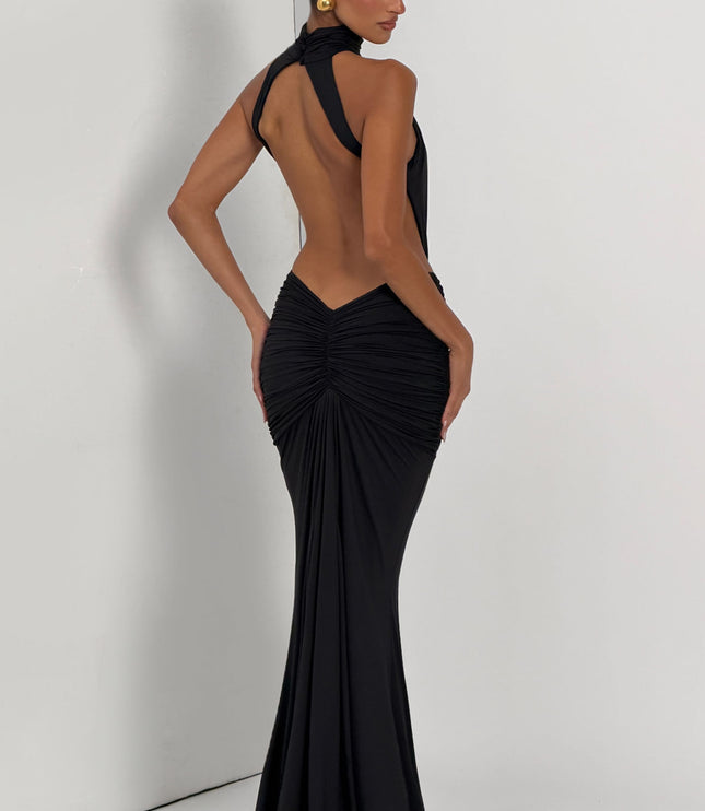 Women's Halter Backless Ruched Sleeveless Maxi Dress