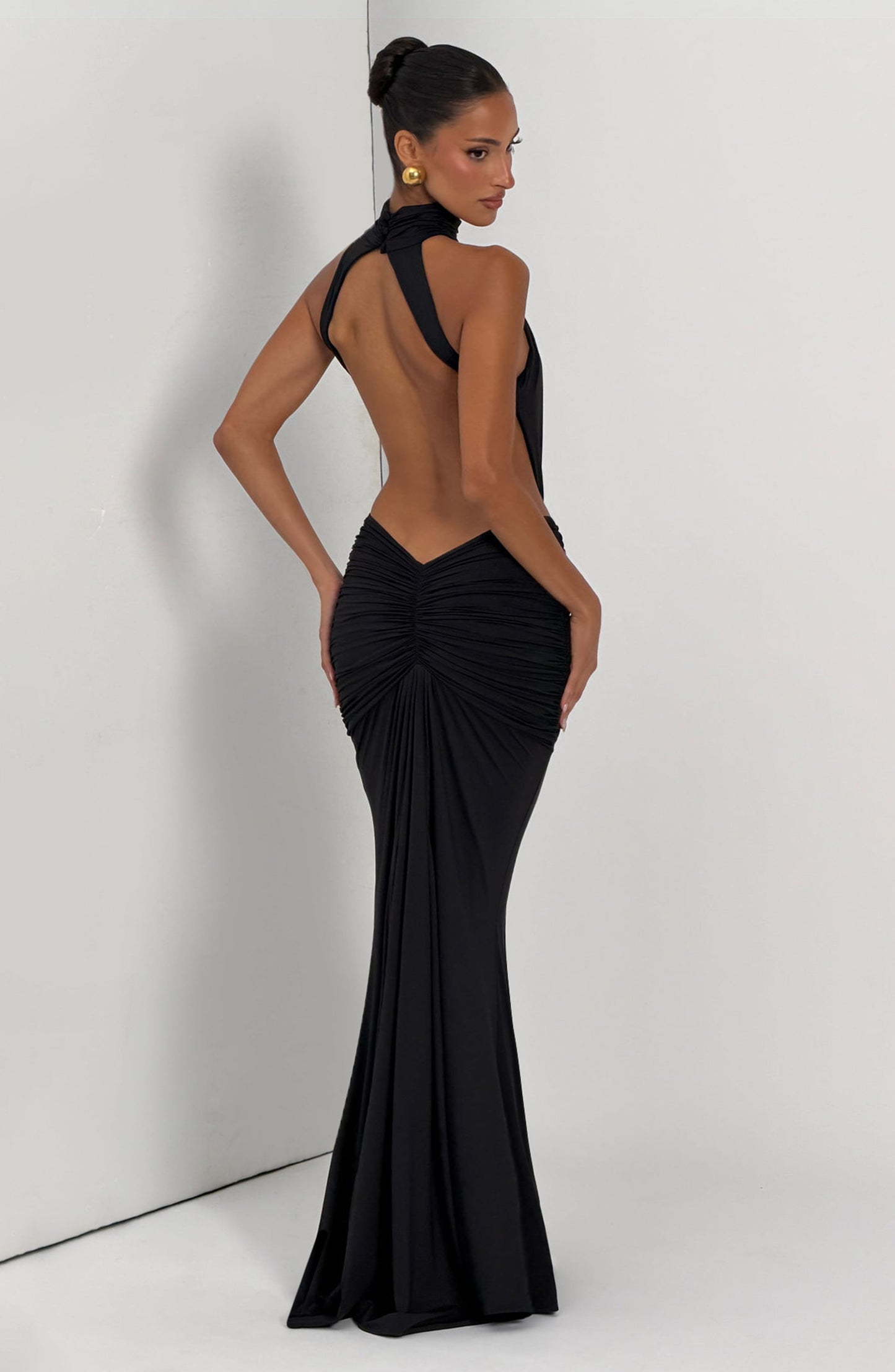 Women's Halter Backless Ruched Sleeveless Maxi Dress