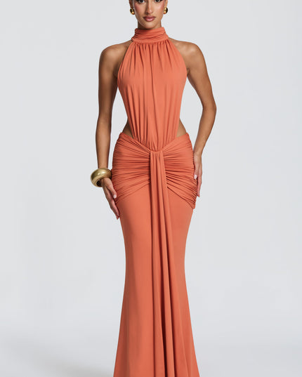 Women's Halter Backless Ruched Sleeveless Maxi Dress