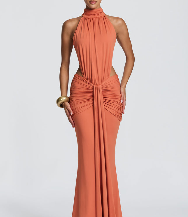 Women's Halter Backless Ruched Sleeveless Maxi Dress