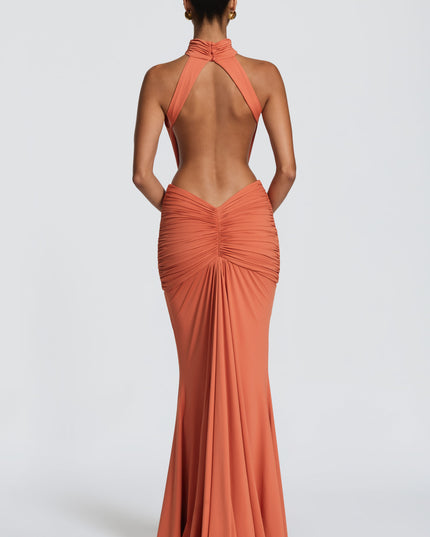 Women's Halter Backless Ruched Sleeveless Maxi Dress