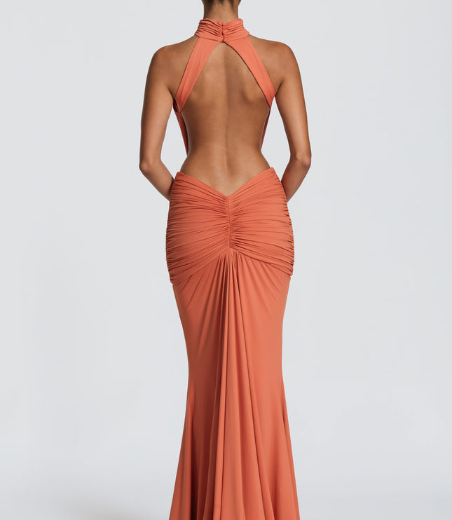 Women's Halter Backless Ruched Sleeveless Maxi Dress