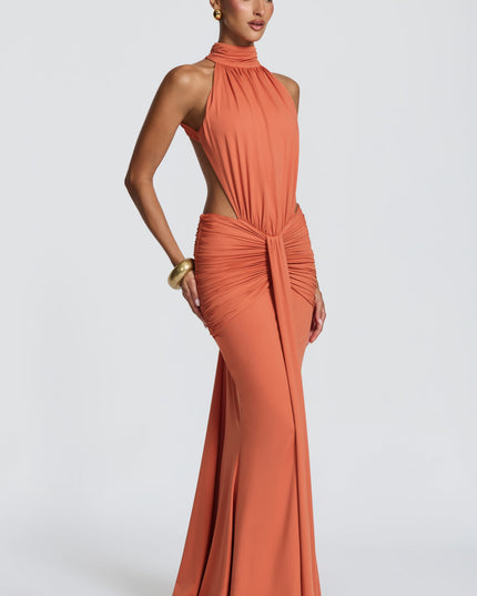 Women's Halter Backless Ruched Sleeveless Maxi Dress