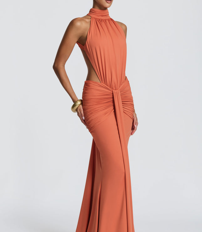 Women's Halter Backless Ruched Sleeveless Maxi Dress