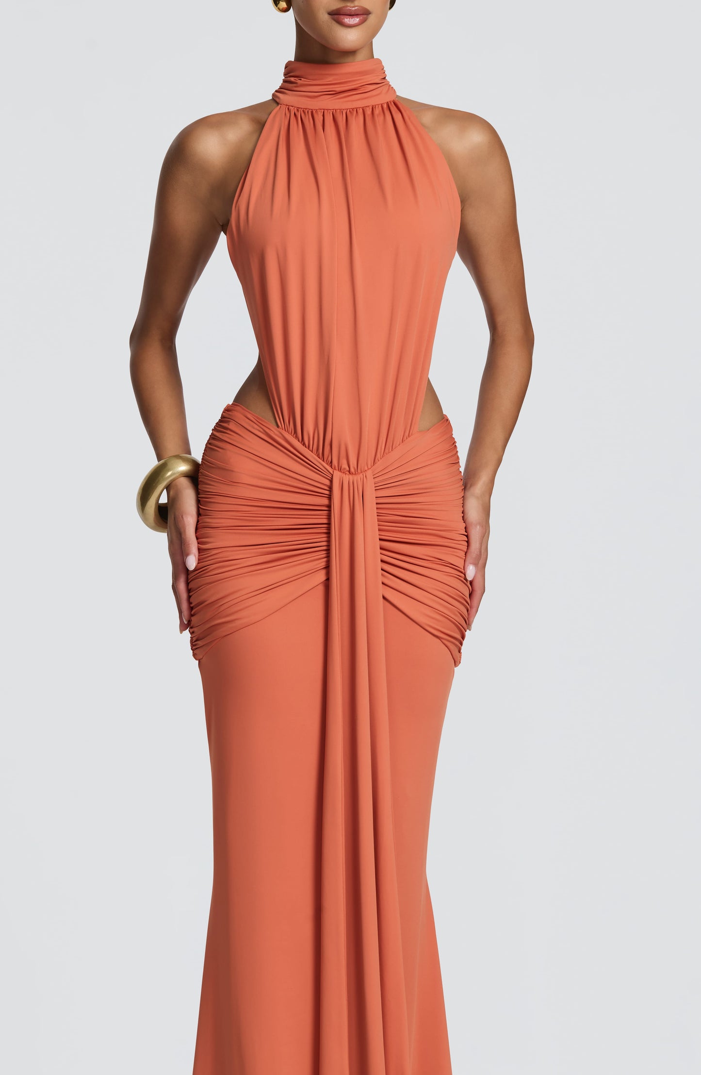 Women's Halter Backless Ruched Sleeveless Maxi Dress