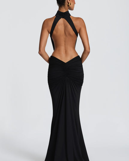 Women's Halter Backless Ruched Sleeveless Maxi Dress