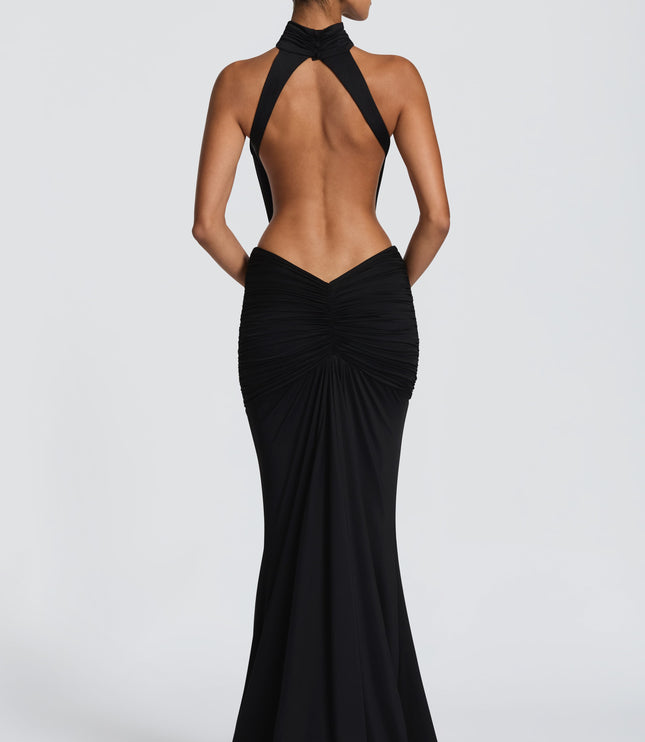 Women's Halter Backless Ruched Sleeveless Maxi Dress