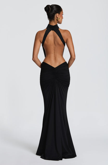 Women's Halter Backless Ruched Sleeveless Maxi Dress