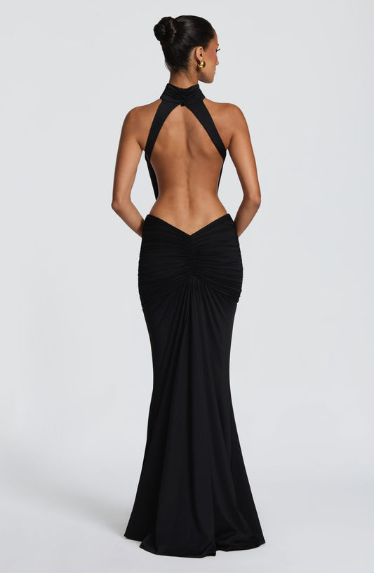 Women's Halter Backless Ruched Sleeveless Maxi Dress