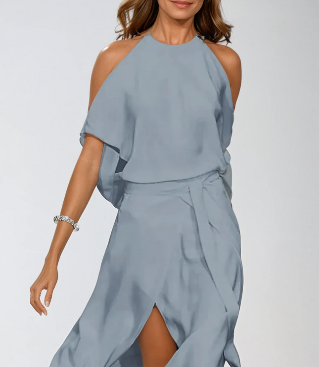 Women's Halter Cold Shoulder Cocktail Midi Dress