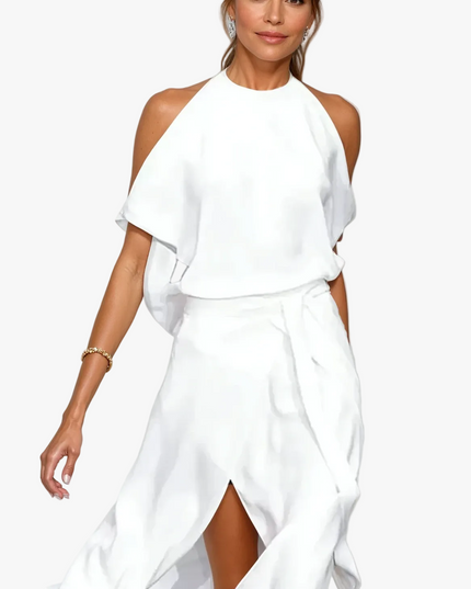 Women's Halter Cold Shoulder Cocktail Midi Dress