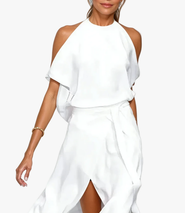 Women's Halter Cold Shoulder Cocktail Midi Dress