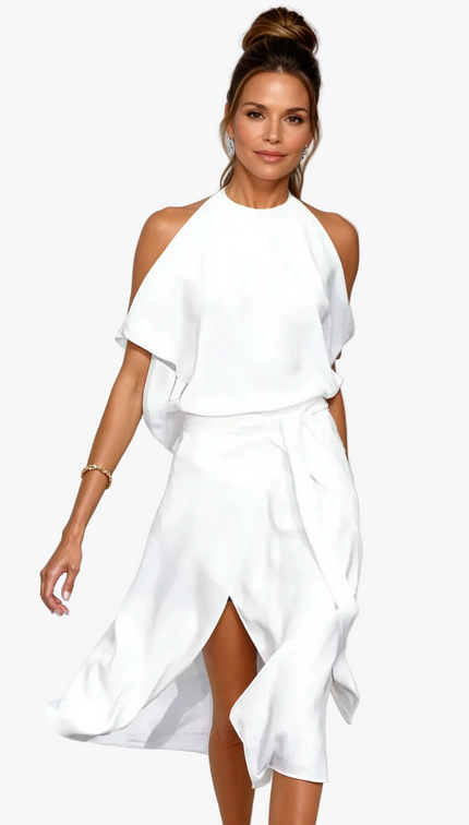 Women's Halter Cold Shoulder Cocktail Midi Dress