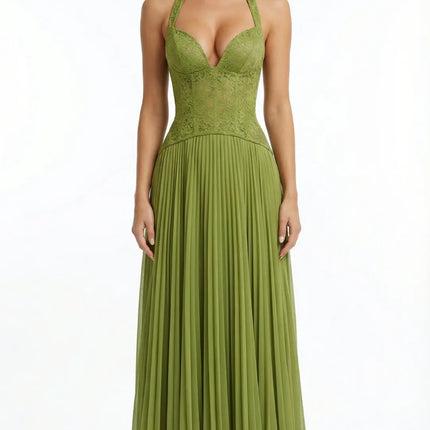 Green halter lace corset maxi dress with pleated skirt, front view