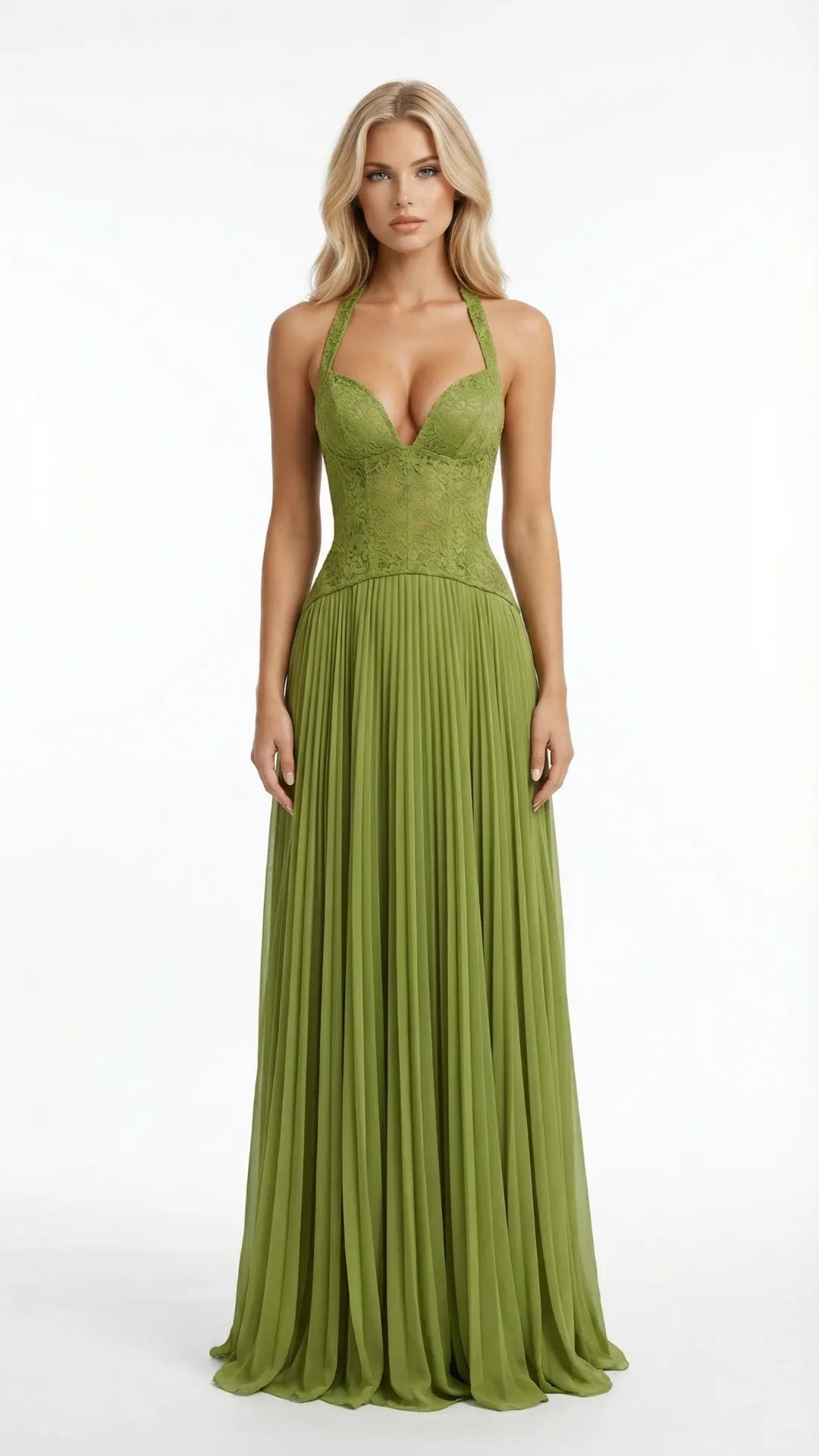 Green halter lace corset maxi dress with pleated skirt, front view