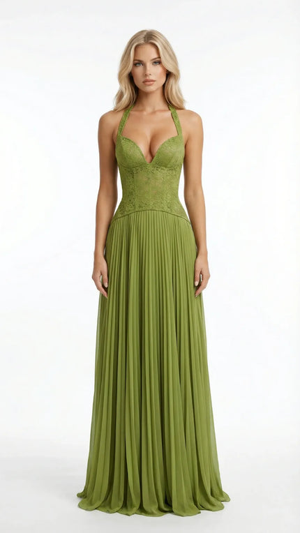 Green halter lace corset maxi dress with pleated skirt, front view