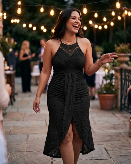 Women's Halter Neck Crochet Midi Cocktail Dress