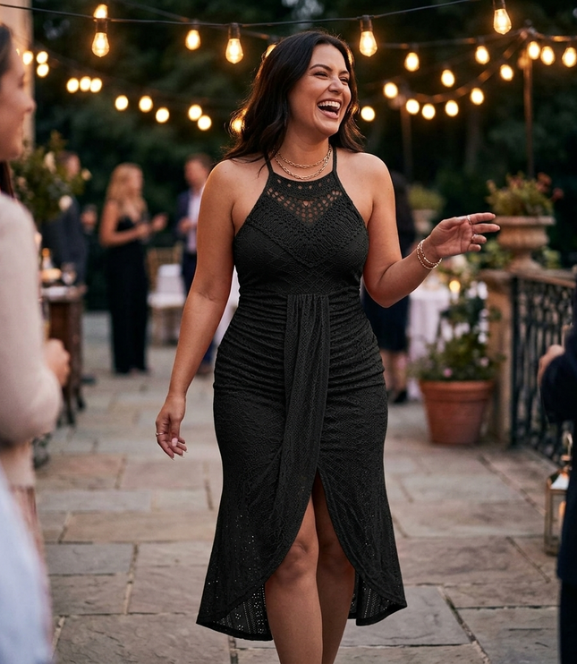 Women's Halter Neck Crochet Midi Cocktail Dress