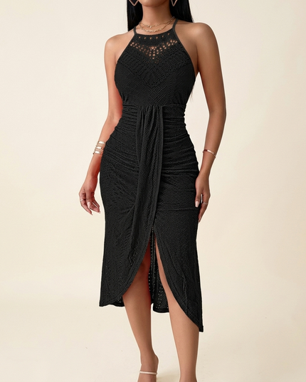 Women's Halter Neck Crochet Midi Cocktail Dress