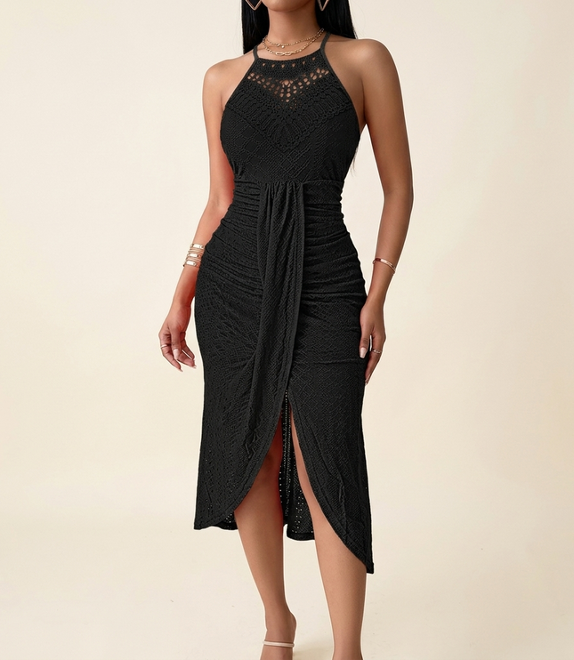 Women's Halter Neck Crochet Midi Cocktail Dress