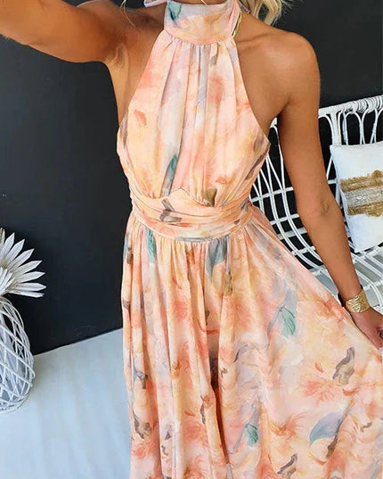 Women's Halter Neck Open-Back Printed Maxi Dress