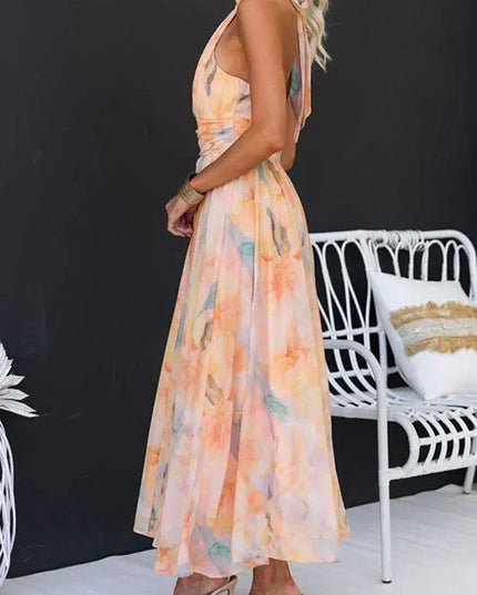 Women's Halter Neck Open-Back Printed Maxi Dress