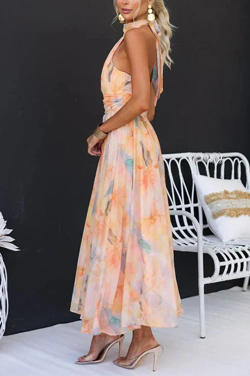 Women's Halter Neck Open-Back Printed Maxi Dress