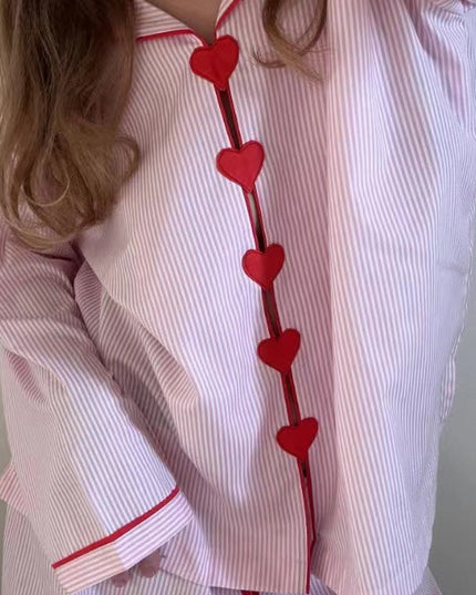 Women's Heart Button Pajama Set in Pink Pinstripe