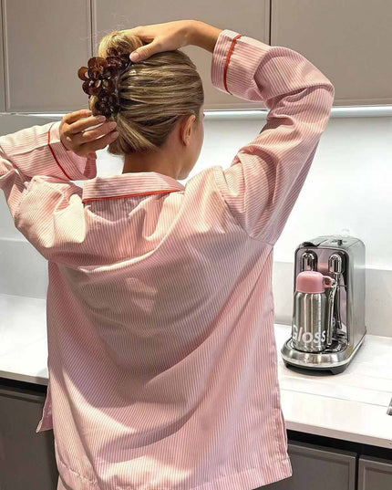 Women's Heart Button Pajama Set in Pink Pinstripe