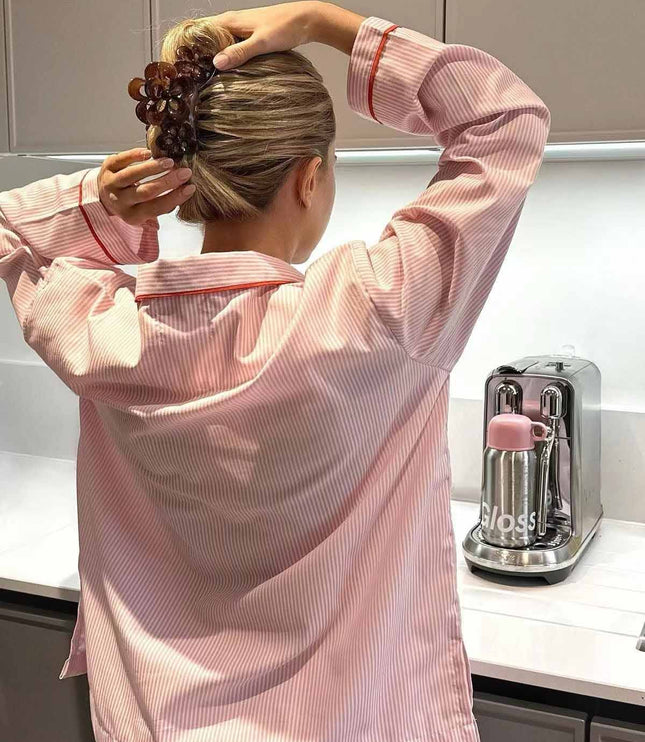Women's Heart Button Pajama Set in Pink Pinstripe