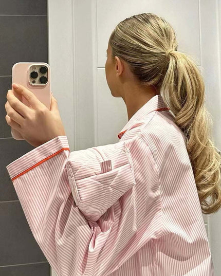 Women's Heart Button Pajama Set in Pink Pinstripe