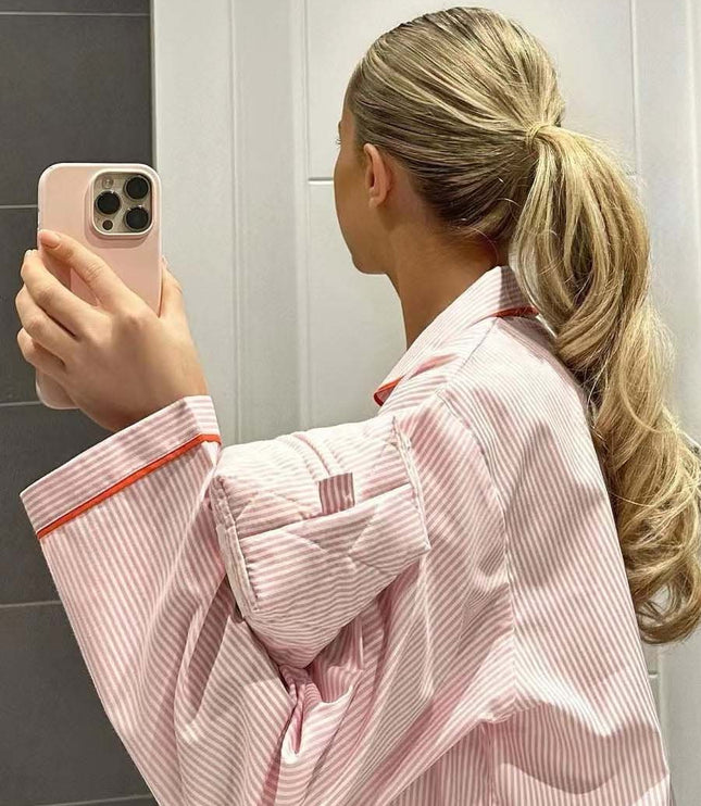 Women's Heart Button Pajama Set in Pink Pinstripe