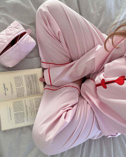 Women's Heart Button Pajama Set in Pink Pinstripe