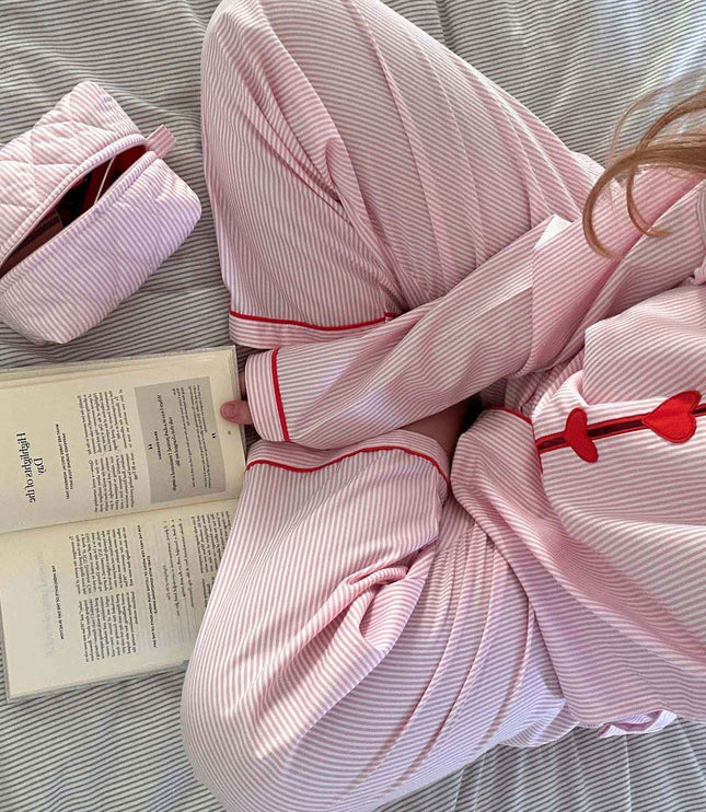 Women's Heart Button Pajama Set in Pink Pinstripe