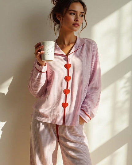 Women's Heart Button Pajama Set in Pink Pinstripe