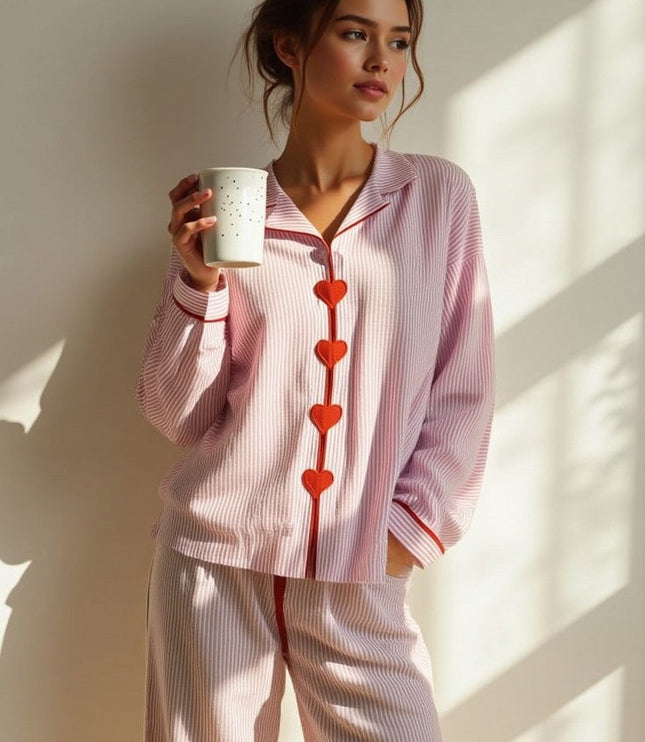 Women's Heart Button Pajama Set in Pink Pinstripe