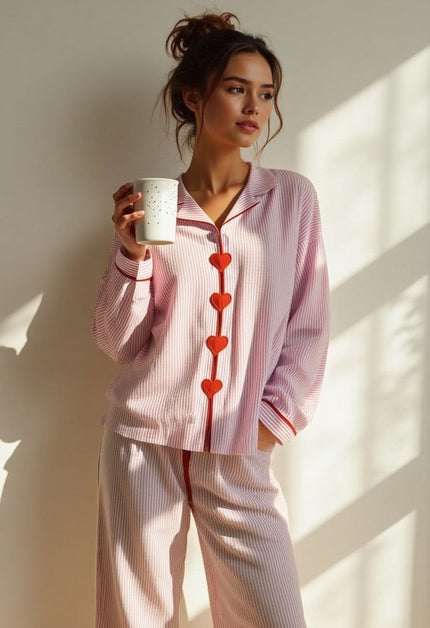 Women's Heart Button Pajama Set in Pink Pinstripe