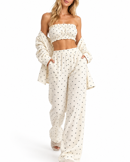 Women's Heart Print Lounge Set with a Ruffled Cami Top