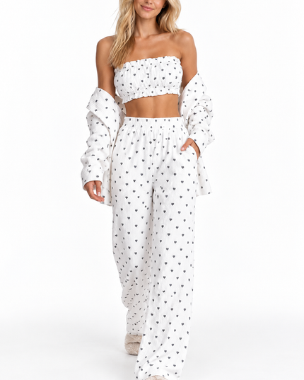 Women's Heart Print Lounge Set with a Ruffled Cami Top