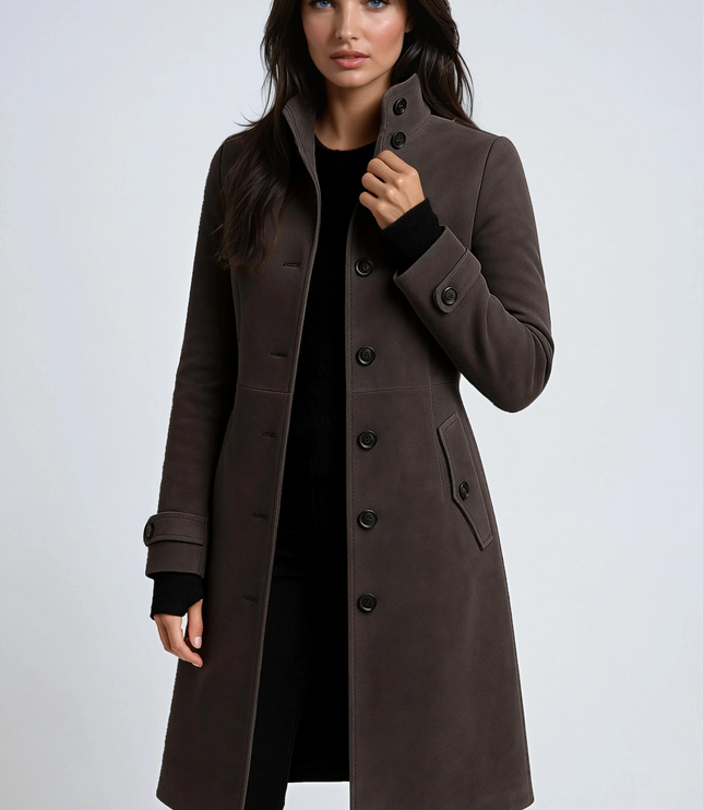 Women's High Neck Button Front Longline Winter Coat