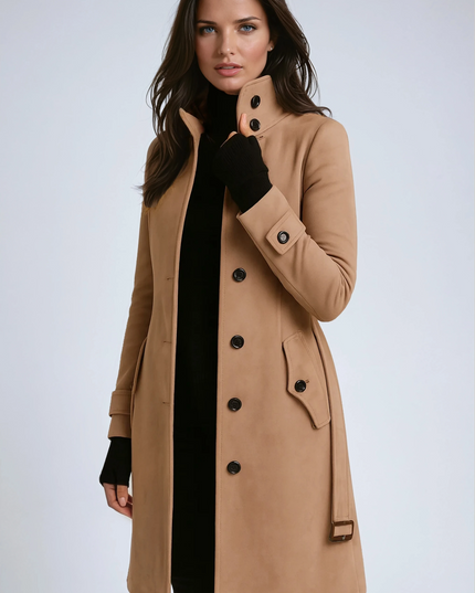 Women's High Neck Button Front Longline Winter Coat