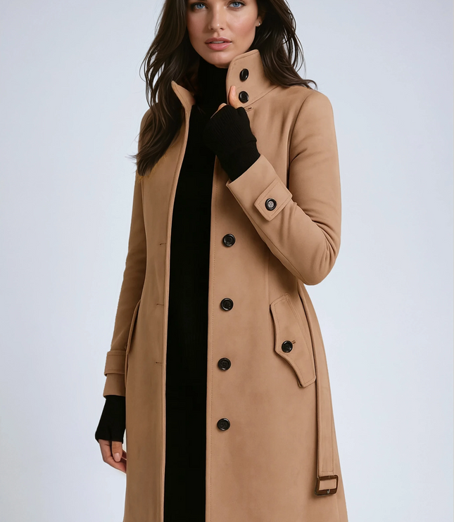 Women's High Neck Button Front Longline Winter Coat