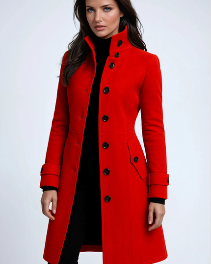 Women's High Neck Button Front Longline Winter Coat